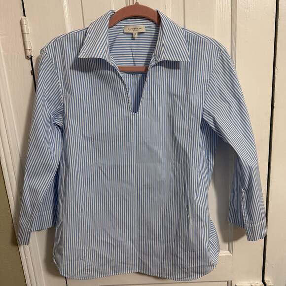 Lafayette 148 New York Bracelet Sleeve Popover Shirt XS Blue Stripe - Picture 2 of 7